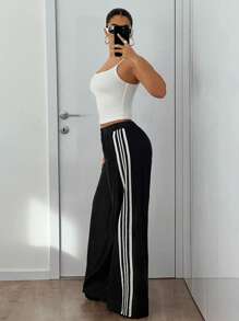 SHEIN ICON Women's Y2k Spring Summer Going Out Outfits Casual Low-Waisted Contrast Color Webbing Wide Leg Pants,For Everyday Wear - Black - View 2