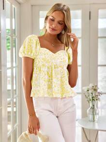 KARISMINA 女士度假轻盈印花泡泡袖心形领口上衣，适合度假穿着，夏季女装，可爱夏日上衣 - 黃色 - 查看 5