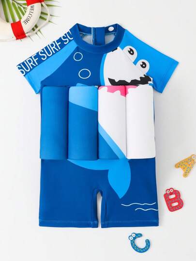 Young Boy Short Sleeve Uv Protection Float Swimwear With Cute Shark Bubble Print For Summer Kids Swimming ,Kids Beachwear Summer Holiday
