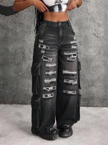 SHEIN ICON Jeans casuales anchos con pierna suelta, bolsillos cargo y rasgados para mujer