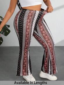SHEIN PETITE CURVE Pantalones holgados casuales con estampado floral pequeño para mujer de tallas grandes