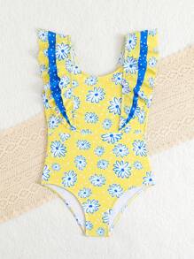 女童/女童随机印花荷叶边下摆连体泳衣