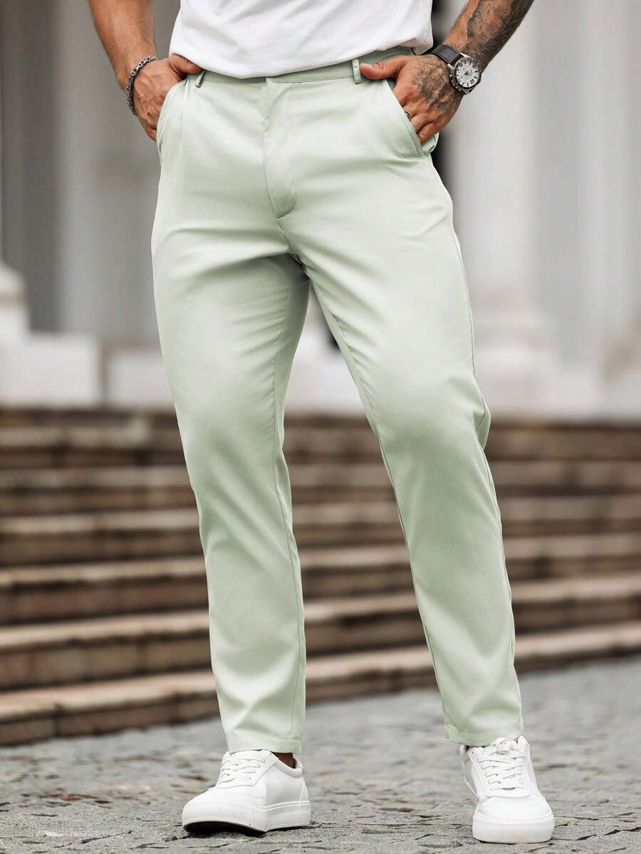 Manfinity Homme 男士休闲纯色锥形裤 - 薄荷綠 - 查看 1