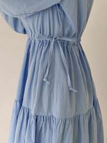Solid Puff Sleeve Ruffle Hem Shirt Dress,Fall Dress Long Sleeve Dress - Blue - View 11