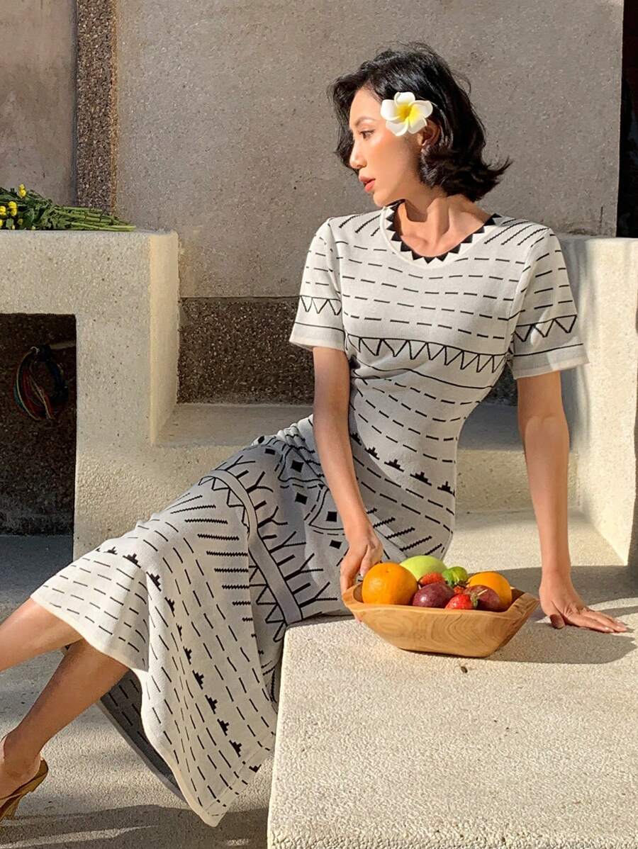 DAZY Geometric Pattern Round Neck Loose Women Midi Dress Boho Sundress,Casual Women Dresses Vacation - Black - View 1