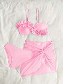 Tween Girl Solid Color Tankini Top & Mini Skirt Swimwear Set - Pink - View 3