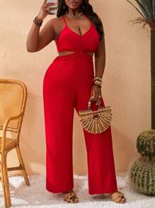 Slaydiva Plus Size Women Casual Vacation Solid Color Spaghetti Strap Hollow Out Jumpsuit - Red - View 8