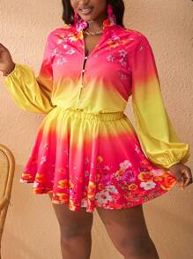 Slaydiva Plus Size Women's Yellow Gradient Floral Print Long Sleeve Shirt & Asymmetric Hem Sun Dress Suit For Vacation, Romantic, Casual, Beach - Multicolor - View 8