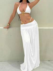 Bonvoyette 3pcs Set Shiny Fabric Solid Color Halter Triangle Bikini Set With Asymmetrical Metal Ring And Long Mesh Beach Skirt, Elegant & Sexy Swimwear For Holiday For Summer Beach Vacation - White - View 5