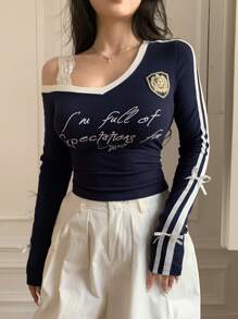 DAZY Gerippter Saum Kontrast Farbblock Schleife Dekor Off-Shoulder Langarm Damen T-Shirt, College Sport Stil, Herbstkleidung