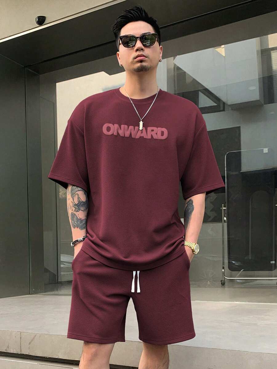 DAZY Men's Letter Print Wine Red T-Shirt Set, Summer