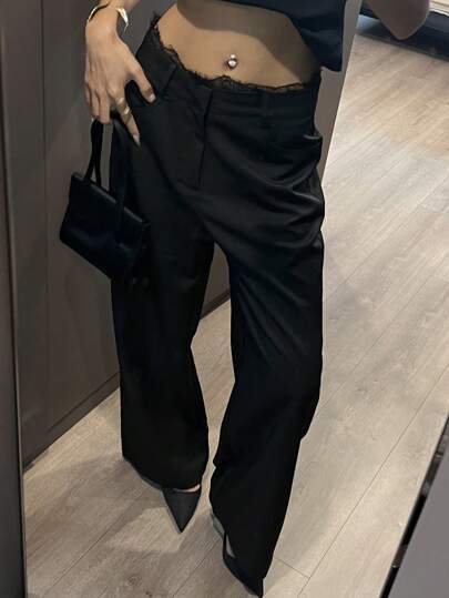 DAZY Loose Casual Contrast Lace Women Black Pants Y2k Fall