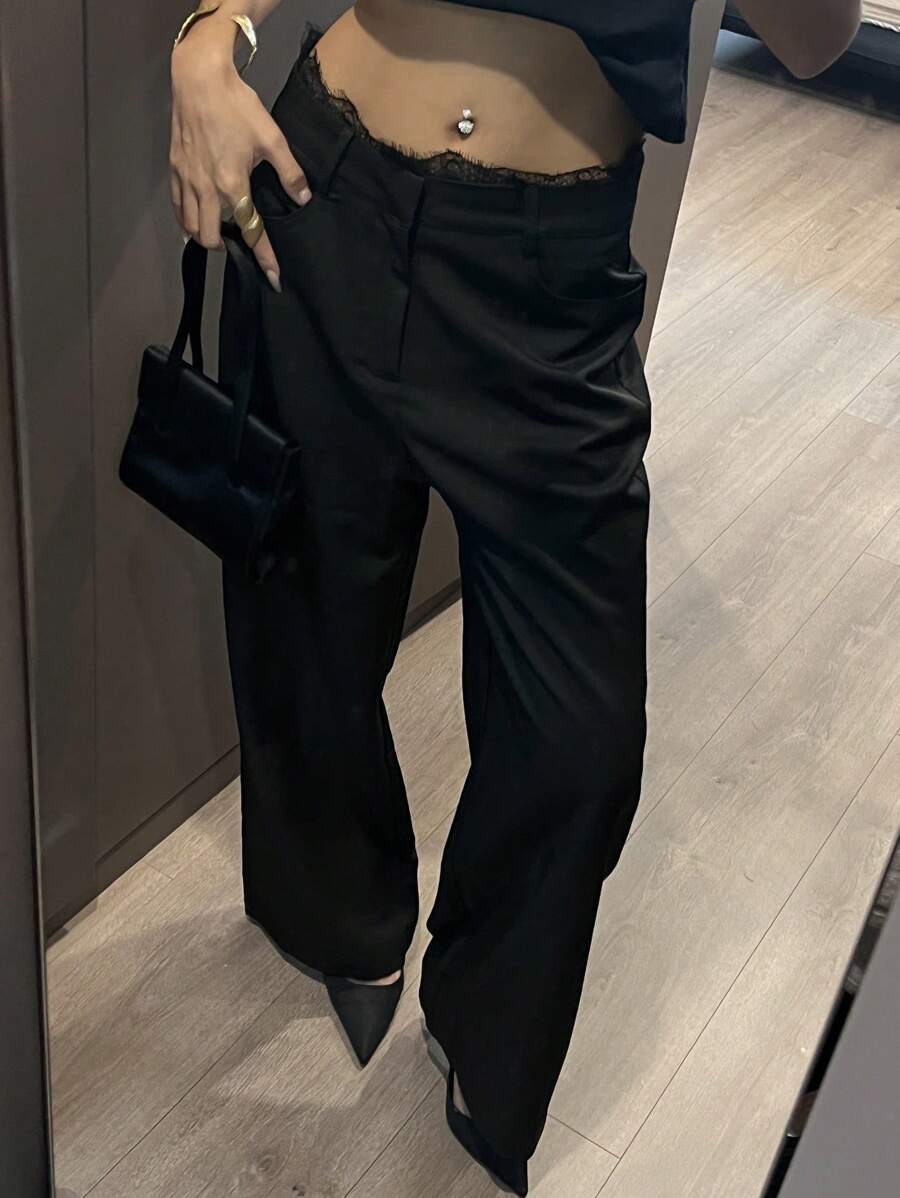 DAZY Loose Casual Contrast Lace Women Black Pants Y2k Fall - Black - View 1