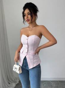 Selianne Women's Textured Pink Strapless Cropped Top With Pearl Button Details, Summer - Pink - View 4