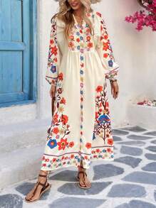 Breezaya Vestito svasato oversize con scollo a V, stampa floreale digitale, da donna, elegante e alla moda, adatto per primavera/estate - Albicocca - Visualizzare 5