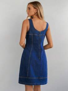 Forever 21 Spring New Square Neck Sleeveless Dark Wash Denim Mini A-Line High Street Casual Denim Dress For Women - Medium Wash - View 2