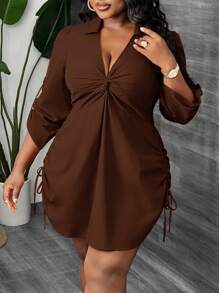Slaydiva 大码女式优雅休闲通勤派对约会性感修身纯色锈红色长袖褶皱扭结前襟抽绳腰迷你衬衫裙，春秋季 - 棕色 - 查看 4