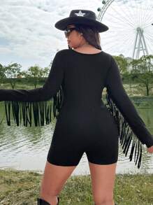 Flirla Modischer Jumpsuit in Große Größen mit V-Ausschnitt und Quastendesign, in Schwarz, für Festival, Boho, Hippie, Cowgirl, Old Money Stil - Schwarz - Übersicht 2