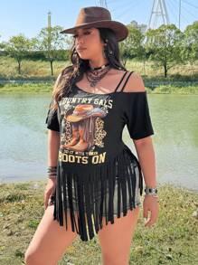 Flirla 大码女式节日、波西米亚风、嬉皮士、牛仔风露肩流苏印花宽松休闲音乐节度假 T 恤 - 黑色 - 查看 6
