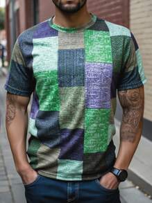 Manfinity Homme Camiseta casual de manga corta con cuello redondo y estampado geométrico para hombres de talla grande - Multicolor - Ver 3