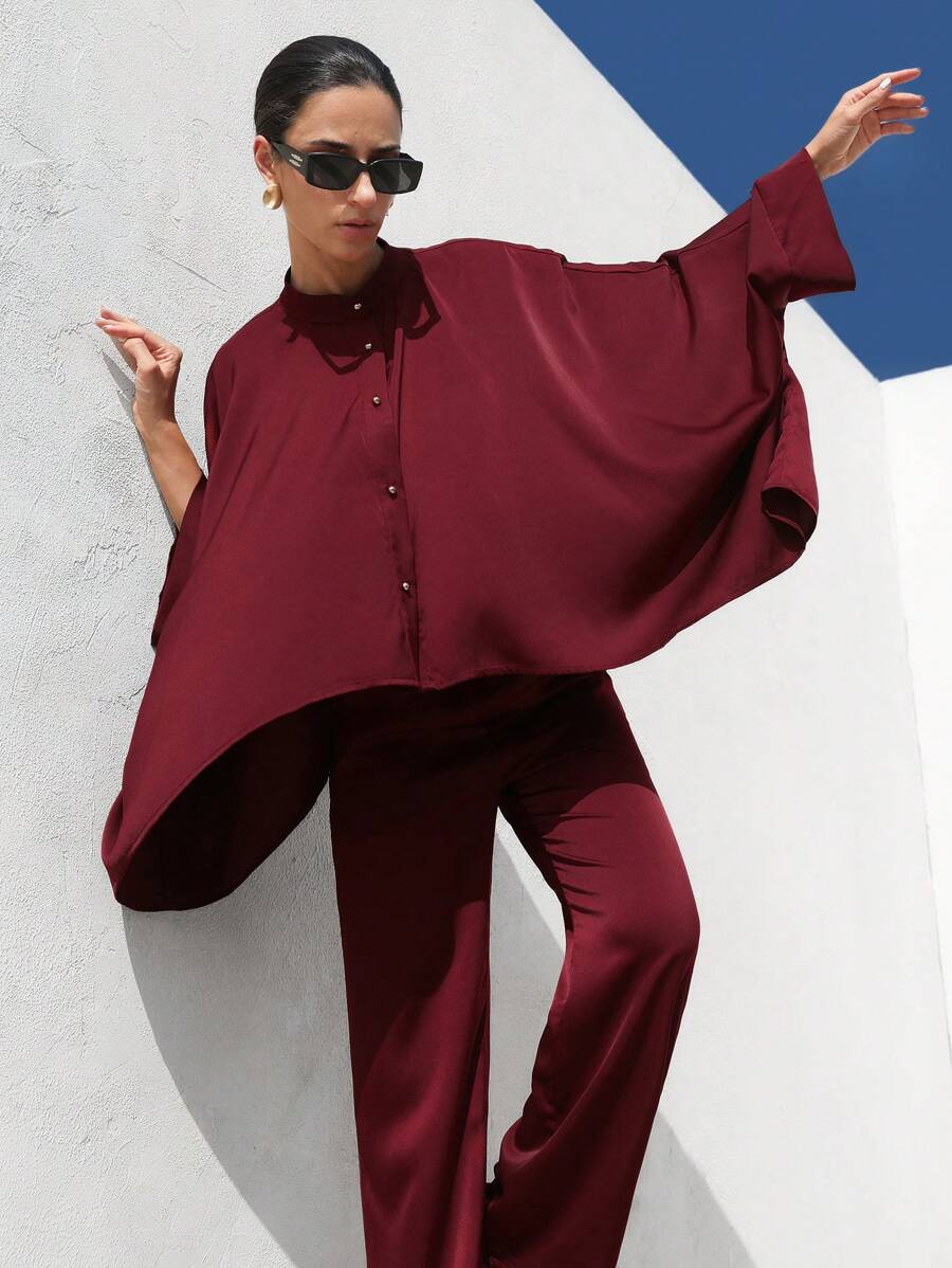 Aveloria Modichic طقم سكارف أنجورا مربع مع تصميم الأكمام والحواف المنفصل، فضفاض للنساء مع قطعتين عصري للحفلات الفاخرة - عنابي اللون - مشاهدة 1