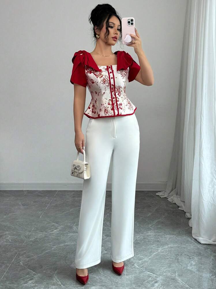 Elenzga Nova Primavera/Verão Elegante Vintage Top Cropped de Manga Curta com Cintura Afunilada em Jacquard de Fio Dourado, Top de Manga Curta com Gola Quadrada Graciosa e Laço, Adequada para Encontros, Passeios, Férias, Jardins, Reuniões Familiares, Dia do Trabalho, Feriados, Dia da Independência, Volta às Aulas, Professores, Halloween, Ação de Graças - Vermelho - Visão 5