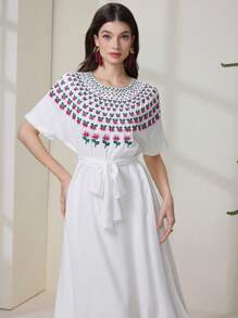 Mulvari Elegant Embroidered Women's Long Dress, Casual And Fashionable For Everyday Wear