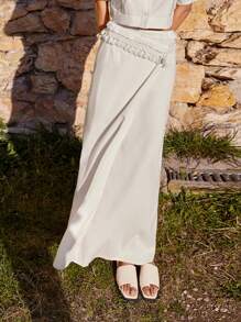 Maija Women's Long Skirt, Casual Beach Vacation Bohemian Style, Solid Color With Waist Knot And Tassel Trim Vacation Women - Apricot - View 1