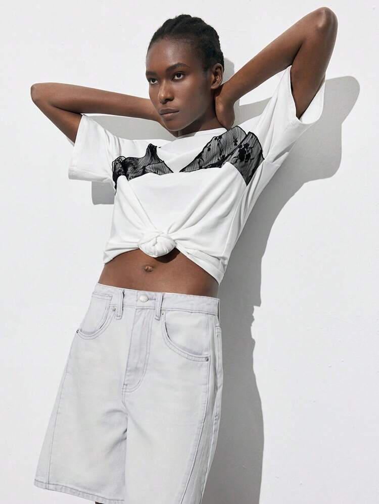 SHEIN Maija White Lace Detail Design Loose Fit Women's T-Shirt, Comfortable Casual Versatile For Music Festivals