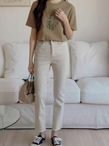 DAZY 花卉和字母刺绣 T 恤，无付出，无收获，图案 T 恤 - 卡其色 - 查看 6