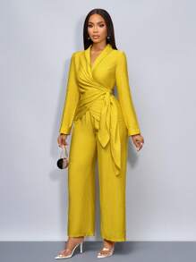 SOLERSUN Quần áo mùa đông cho nữ, trang phục công sở thanh lịch, tiệc năm mới, bộ đồ hai mảnh màu vàng chanh Giáng sinh cho nữ, áo sơ mi dài tay buộc eo - Màu Mù tạt vàng - Xem 4