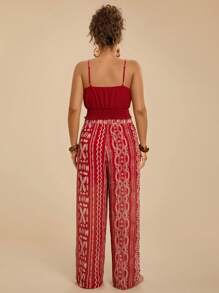 Travachic Set da spiaggia, composto da: top corto in stile vintage con stampa floreale geometrica e pantaloni larghi con tasche, per donne taglie forti, adatto per vacanza e uso casual