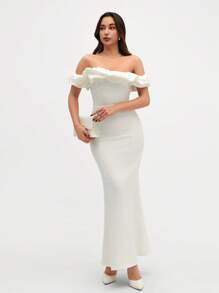 CLARA VERO Two Tones Off Shoulder Ruffle Trim Bodycon Dress, Elegant Dress - White - View 5