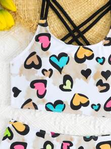 Cute Tween Girl 2pcs Cross Strap Heart Printed Swimwear (Print Pattern Random) - Multicolor - View 3