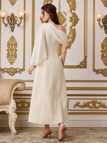 Modelyn Elegant Women's Banquet Apricot Skew-Shoulder Chiffon Lotus Sleeve Dress,Autumn Wedding Guest Dining Festival Clothes,Old Money Modest Summer Gown - Apricot - View 5