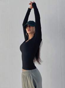 Dazy Star Women's Round Neck Ribbed T-Shirt,Fall Clothes Long Sleeve Women Tops - Black - View 6