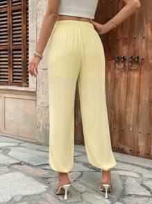 Breezaya Pantalones holgados tipo farol casuales para vacaciones de mujer, con cintura elástica, parcialmente transparentes, para primavera/verano - Amarillo - Ver 2