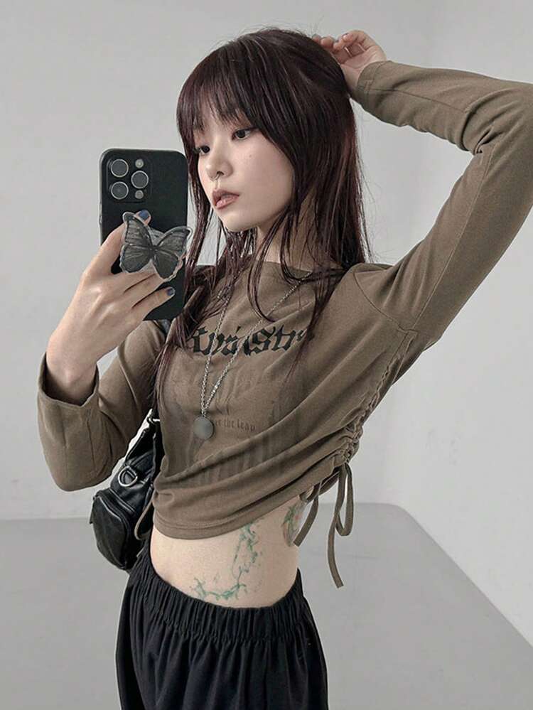 Women's Drawstring Letter Print Street Style Pleated T-Shirt,Fall Clothes Long Sleeve Women Tops Crop Women Tops