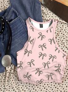 Attitoon Casual Minimalist Leopard Bow Decor Round Neck Tight Fitting Women Tank Top, Suitable For Summer Back To School Chic - Multicolor - View 5