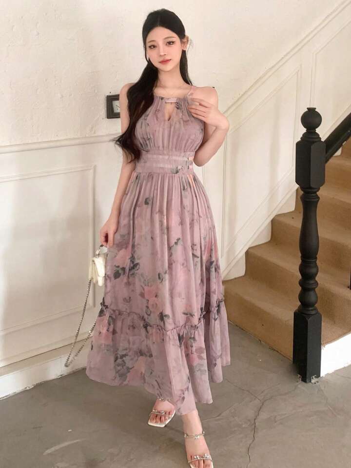DAZY シフォン フローラルプリント ホルターネック ワンピース