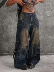 SHEIN ICON 女士拉链前口袋宽腿宽松休闲牛仔裤 - 藍色 - 查看 6