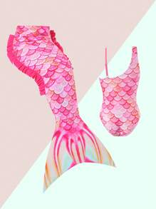 Young Girl Asymmetric Neck One-Piece Swimsuit With Printed Ribbon Decorative Details, Paired With Mermaid Skirt, Beach Vacation - Hot Pink - View 3