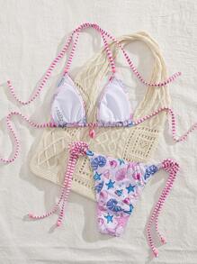 Swim SXY Women Summer Digital Print Beachwear 2pcs Bikini Set With Shoulder Straps, Pink & Polka Dot Pattern