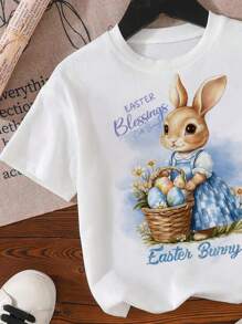 SHEIN Young Girl Casual Cute Cartoon Bunny & Watercolor Floral Print Short Sleeve T-Shirt, Suitable For Summer & Easter Theme, For Gift - White - View 3