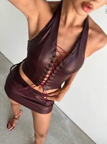 Aloruh Áo ba lỗ hở lưng gợi cảm Ancora dây chéo cho nữ, Áo ba lỗ hở vai PU Y2K không tay cho lễ hội âm nhạc - Màu Đỏ Sâu - Xem 1