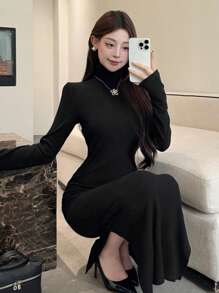DAZY Women's Spring Fall Solid Color High Neck Long Sleeve Side Split Hem Long Fitted Elegant Dress - Black - View 5