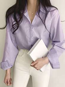 DAZY Solid Button Front Shirt,Long Sleeve Tops - Lilac Purple - View 8