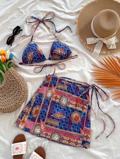 Soleia 女士夏季海滩复古图案花卉细肩带三角上衣和裹身式短裙套装、节日、伊比沙岛装扮、度假服装