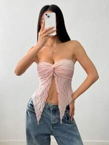 SHEIN LUNE Áo crop top Bandeau cho nữ, áo hai dây ren hở lưng gợi cảm, thiết kế dây đeo vai hở vai theo phong cách cổ điển, ôm vừa vặn, màu hồng mùa hè - Hồng - Xem 4