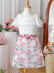 2pcs/Set Young Girl Contrast Lace Ruffle Shoulder Top And Floral Print Mini Skirt - Multicolor - View 1
